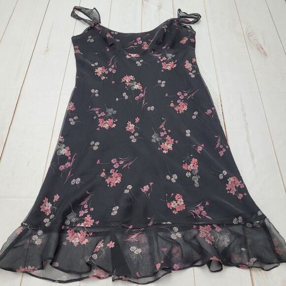 Vintage Mica black floral midi dress ruffle sleeveless whimsigoth boho bohemian - Picture 1 of 9